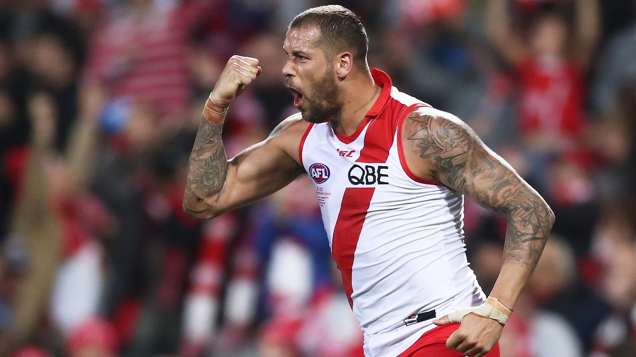 Sydney’s Lance Franklin celebrates during the win over Collingwood. (Photo by Matt King/AFL Media/Getty Images)