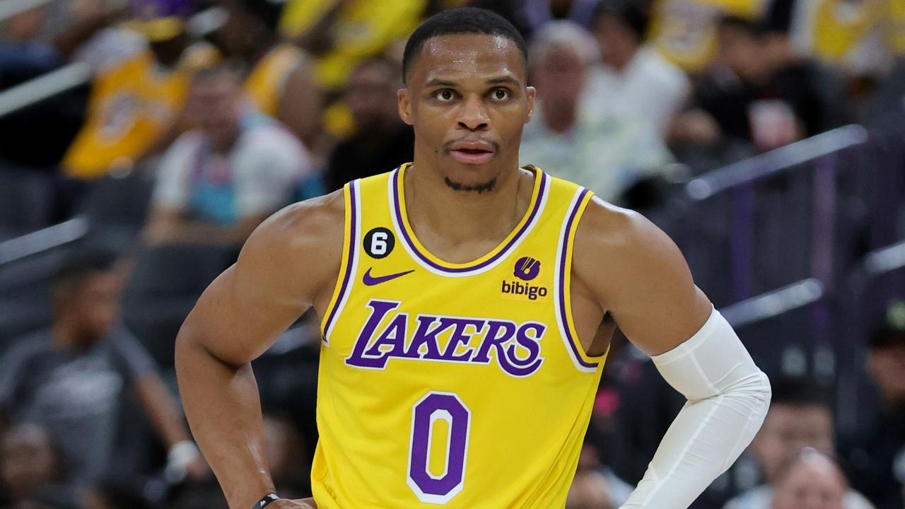 LAS VEGAS, NEVADA - OCTOBER 05: Russell Westbrook #0 of the Los Angeles Lakers stands on the court during a break in the first quarter of a preseason game against the Phoenix Suns at T-Mobile Arena on October 05, 2022 in Las Vegas, Nevada. The Suns defeated the Lakers 119-115. NOTE TO USER: User expressly acknowledges and agrees that, by downloading and or using this photograph, User is consenting to the terms and conditions of the Getty Images License Agreement. (Photo by Ethan Miller/Getty Images)