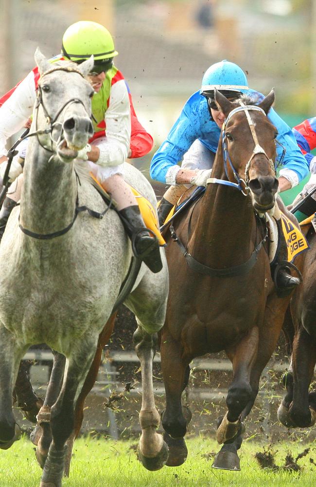 $63,563: Brad McLean and Black And Bent (blue silks) attempt to run down Adam Trinder and Desert Master on their way to winning the 2012 Galleywood Hurdle.