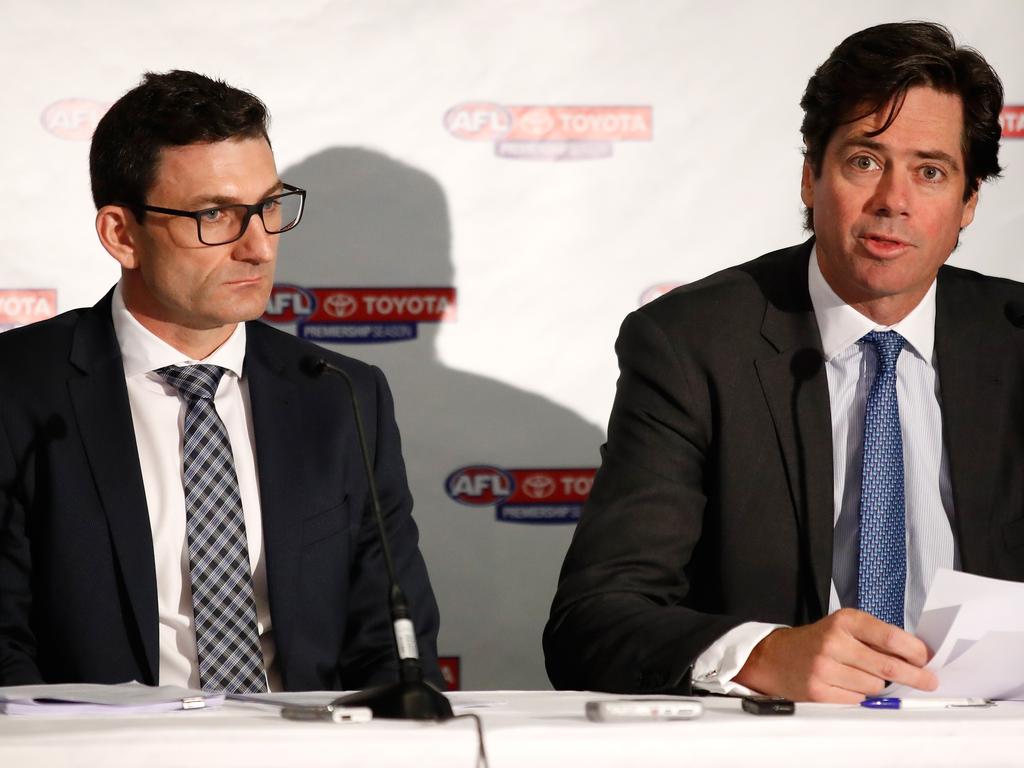 Auld alongside former AFL CEO Gillon McLachlan. Picture: Michael Willson/AFL Media/Getty Images