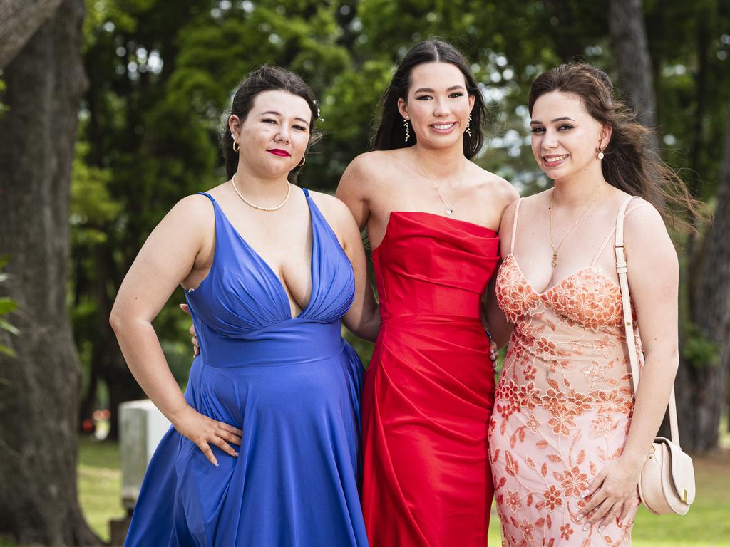 Graduates (from left) Maricka Murphy, Gemma Osmond and Amarina Allen as Downlands College year 12 students come together for their valedictory mass at the college, Saturday, November 16, 2024. Picture: Kevin Farmer