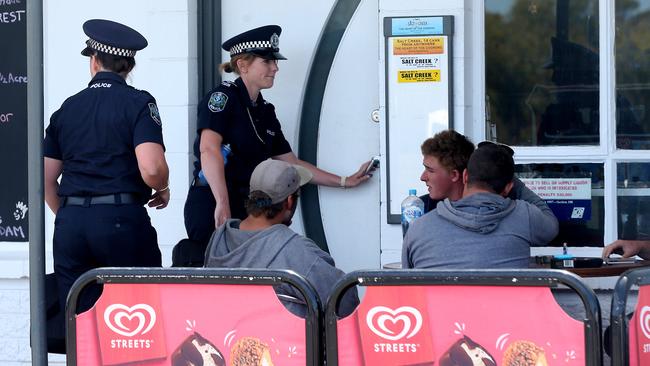 Police investigating the crime stop in at the Salt Creek roadhouse. Picture: Calum Robertson