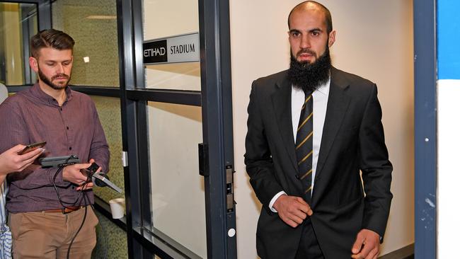 Bachar Houli leaves the AFL Appeals Board at Etihad Stadium. Picture: AAP