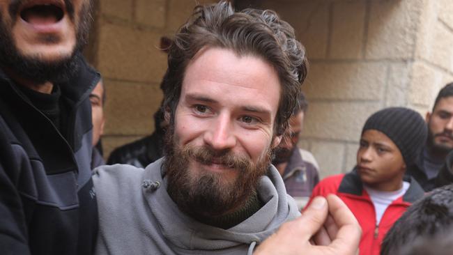 Travis Timmerman speaks with reporters in a house in Damascus after his release from prison. Picture: AFP.