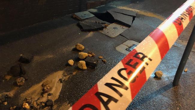 An emergency Sydney Water repair crew, as well as police and Fire and Rescue, were called in after a 150mm water main burst on Sydney Rd, Manly on Thursday night. Picture: Jim O'Rourke