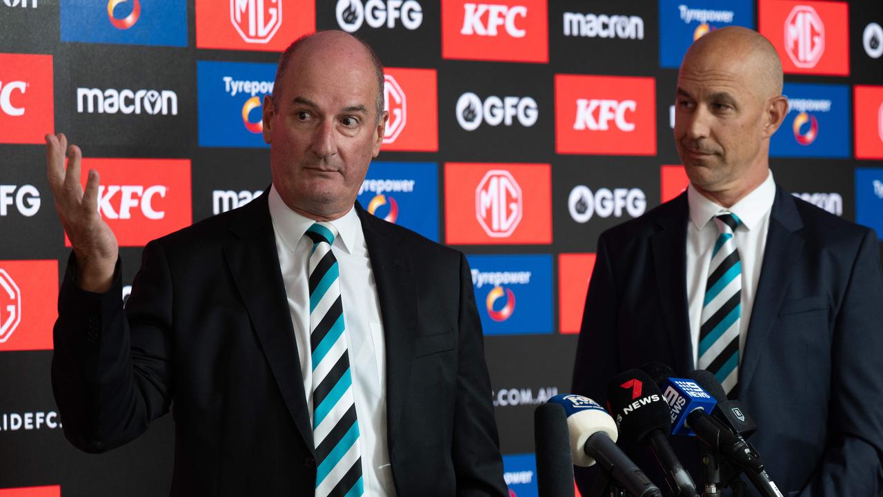 Port Adelaide chairman David Koch (left) with club great and Port board member Warren Tredrea. Picture: Naomi Jellicoe