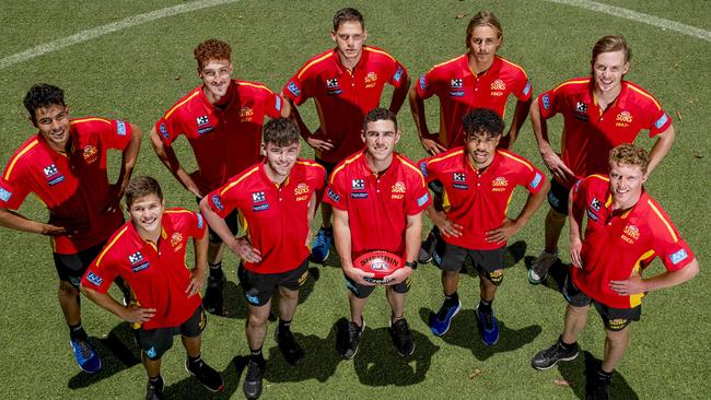 The Gold Coast Suns 2019 new recruits and draftees. (back l-r), Patrick Murtagh, Matt Conroy, Jy Farrar, Jeremy Sharp, Noah Anderson. (front l-r) Connor Budarick, Luke Towey, Sam Flanders, Malcolm Rosas Jnr, and Matthew Rowell. Picture: Jerad Williams