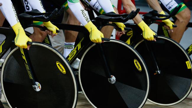 PARIS, FRANCE - FEBRUARY 18: Jack Bobridge, Alexander Edmondson, Mitchell Mulhern and Miles Scotson of Autralia compete in the Mens Team Pursuit Qualifying round during day 1 of the UCI Track Cycling World Championships held at National Velodrome on February 18, 2015 in Paris, France. (Photo by Dean Mouhtaropoulos/Getty Images)