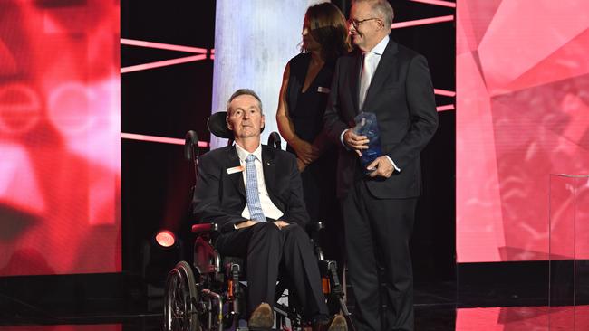 2025 Australian of the Year - Neale Daniher AO (VIC) and Prime Minister Anthony Albanese at the National Arboretum in Canberra Picture: NewsWire / Martin Ollman