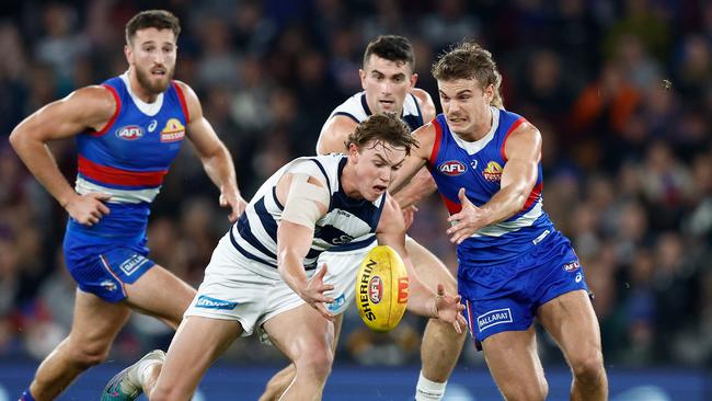 Tanner Bruhn and Bailey Smith will be midfield teammates in 2025. Picture: Michael Willson/AFL Photos via Getty Images