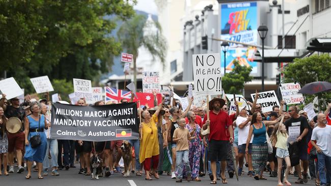 Anti-vaccination protesters marching and protesting in Cairns. Picture: Stewart McLean