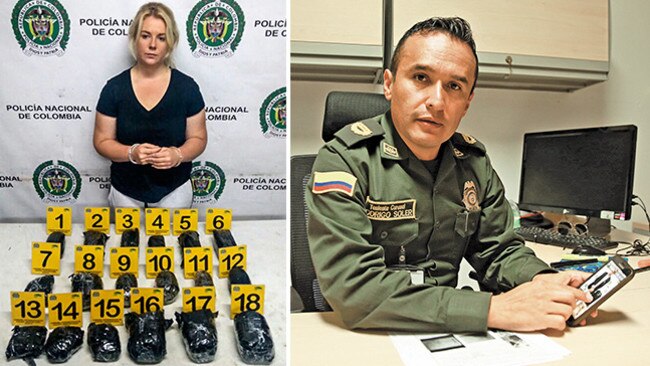 Cassie Sainsbury with the cocaine found in her bag and Colonel Rodrigo Soler. Picture: Vanessa Hunter