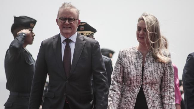 Anthony Albanese and fiancee Jodie Haydon arrive in Peru for the APEC summit in the capital Lima.