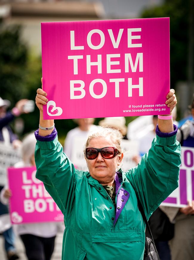 Anti-abortion protesters gathered in Adelaide on Saturday to protest against the Termination of Pregnancy bill, currently before SA Parliament. Picture: Mike Burton