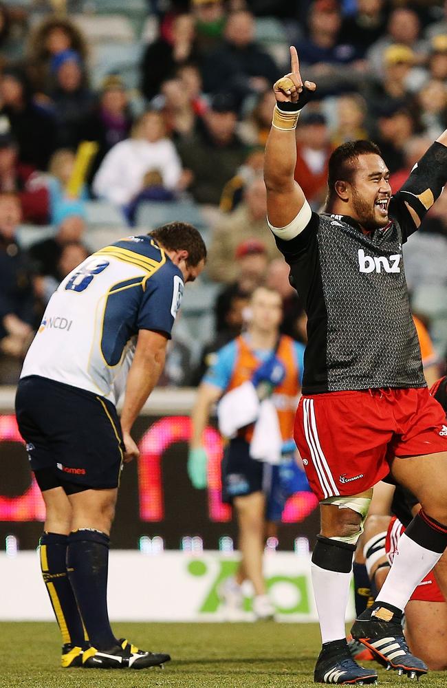 Nepo Laulala reacts after the Crusaders score a try to secure the match.