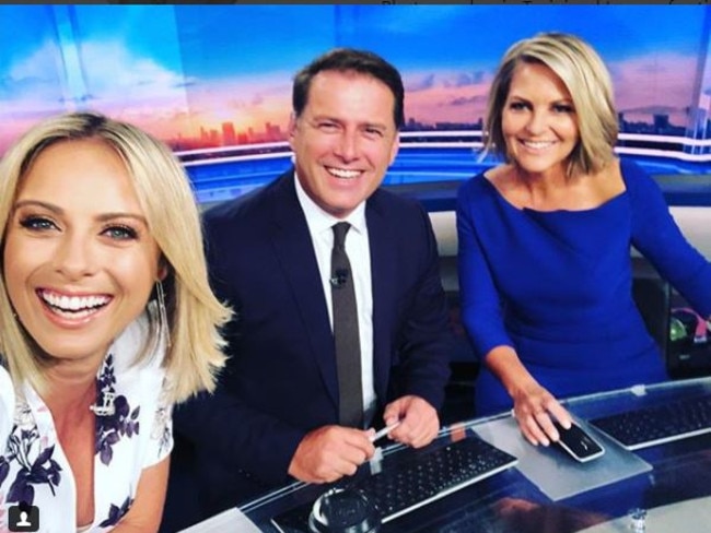 Georgie Gardner at her first day at work with co-host Karl Stefanovic and Sylvia Jeffreys. Picture: Instagram