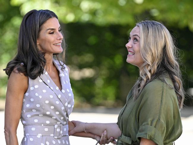 Queen Letizia of Spain greets Jodie Haydon, Albo's partner at the Meeting With First Ladies at Royal Palace of La Granja of San Ildefonso during this week's NATO Summit.