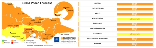 Today's grass pollen forecast for Melbourne. Source: Melbourne University pollen count and forecast