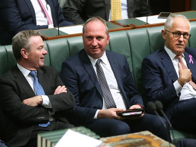 Christopher Pyne, Deputy Prime Minister Barnaby Joyce, Prime Minister Malcolm Turnbull, during a vote on a censure motion brought on by Labor to censure the Deputy Prime Minister. Picture Kym Smith