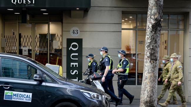 Security companies hired to run the state’s failed hotel quarantine program are still under contract more than month after the scheme ended. Picture: Andrew Henshaw