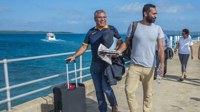 Warren Mundine (left) and Bruce Martin (right) visiting Thursday Island in 2015 as members of the Prime Minister’s Indigenous advisory board.