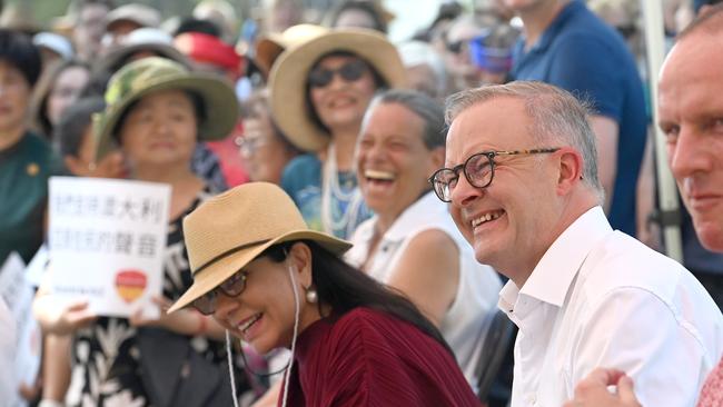 Australian Prime Minister Anthony Albanese and Minister for Indigenous Australians Linda Burney attend the Inner West BBQ for The Voice to Parliament at Petersham Park in Sydney. Picture: NCA NewsWire / Jeremy Piper