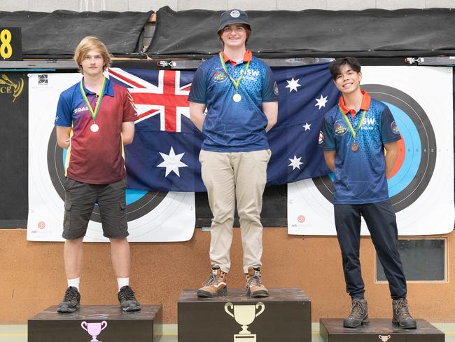 Mitchell Campbell claimed gold for NSW in the U21M recurve field event, Lachlan Lee scored bronze. Picture: Adrian Yee