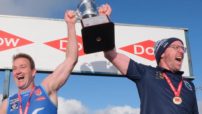 Barwon Heads captain Mitchell Herbison and coach Dan Donati are all smiles after winning the premiership. Picture: Mark Wilson