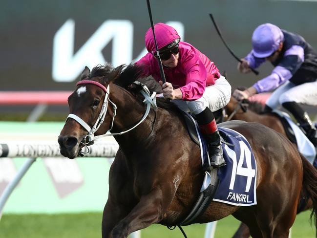 SYDNEY, AUSTRALIA - OCTOBER 14: James McDonald riding Fangirl wins Race 9 The King Charles III Stakes during Sydney Racing at Royal Randwick Racecourse on October 14, 2023 in Sydney, Australia. (Photo by Jason McCawley/Getty Images)