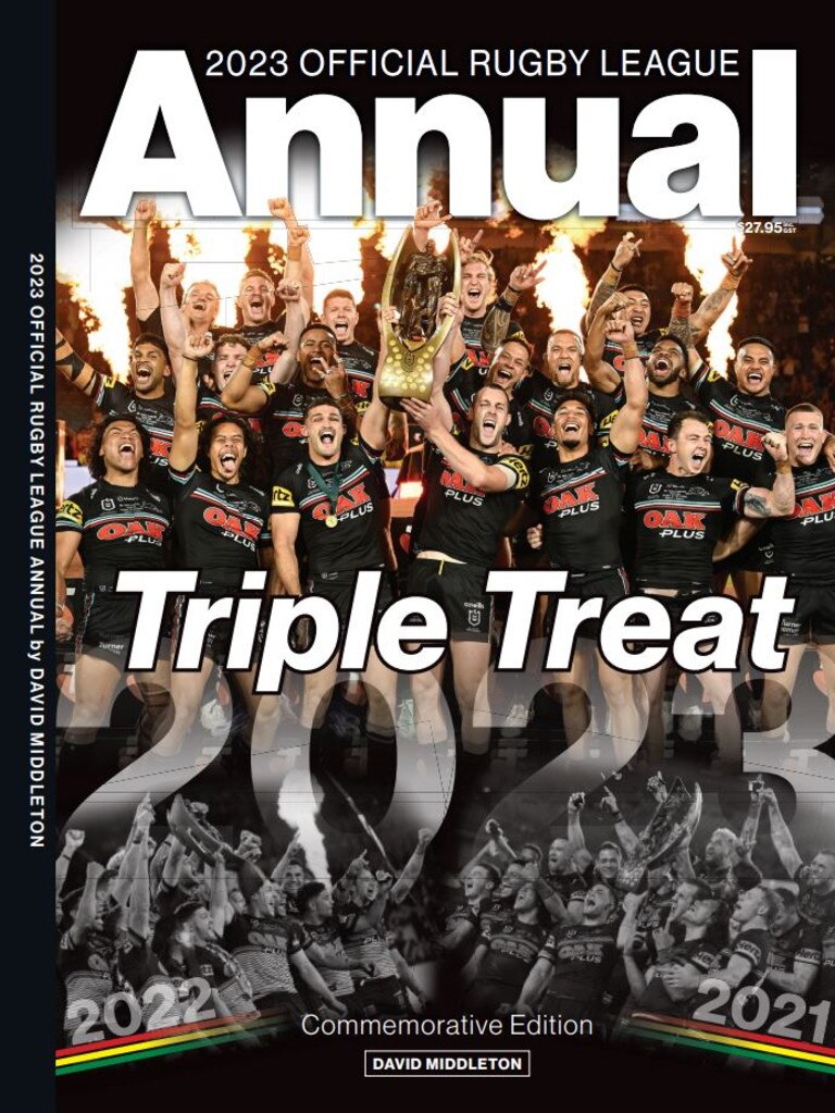 Rugby league historian has taken the rare step of commissioning a Penrith-specific cover for the Official Rugby League Annual for 2023. Credit: Supplied.