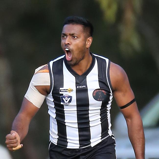 Euroa’s Erish Uthayakumar celebrates a goal.