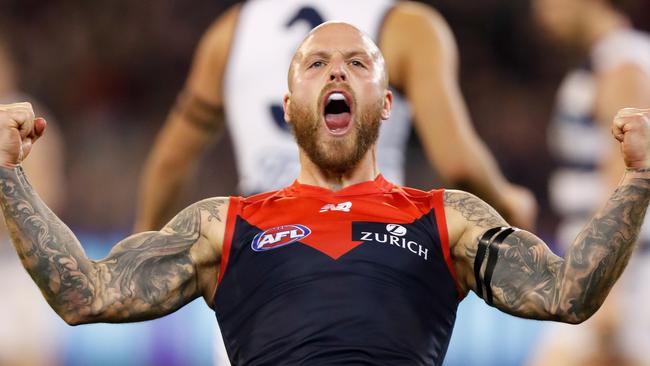 Nathan Jones celebrates his goal in the fourth quarter which put the Demons on course for victory. Picture: AFL Media