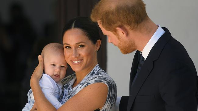 Prince Harry, Duke of Sussex and Meghan, Duchess of Sussex and their baby son Archie Mountbatten-Windsor at a meeting with Archbishop Desmond Tutu during their royal tour of South Africa last September.
