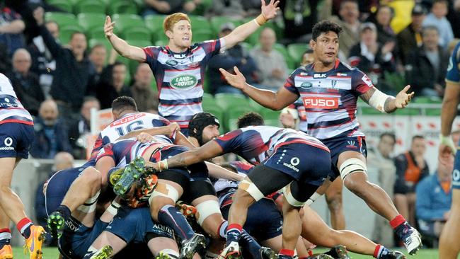 Rebels in action, during the Round 8 Super Rugby match between the Melbourne Rebels and the Brumbies at AAMI Park in Melbourne, Saturday, April 15, 2017. (AAP Image/Joe Castro) NO ARCHIVING, EDITORIAL USE ONLY