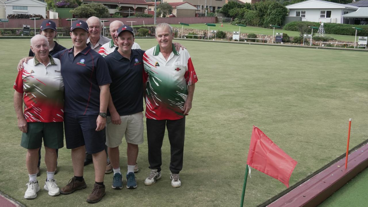 Celebrating Northies Toowoomba taking over the North Toowoomba Bowls Club are Dave Gillian, Tony Cameron, Chris Head, Mylie Cameron, Lester Eiser, Mike Gowdie and Greg Tucker.