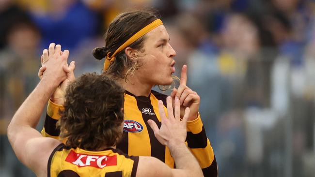 PERTH, AUSTRALIA - JUNE 30: Jack Ginnivan of the Hawks celebrates after scoring a goal during the 2024 AFL Round 16 match between the West Coast Eagles and the Hawthorn Hawks at Optus Stadium on June 30, 2024 in Perth, Australia. (Photo by Will Russell/AFL Photos via Getty Images)