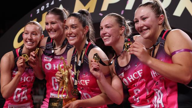 The Adelaide Thunderbirds celebrate after their Super Netball grand final win this year. (Photo by Maya Thompson/Getty Images)