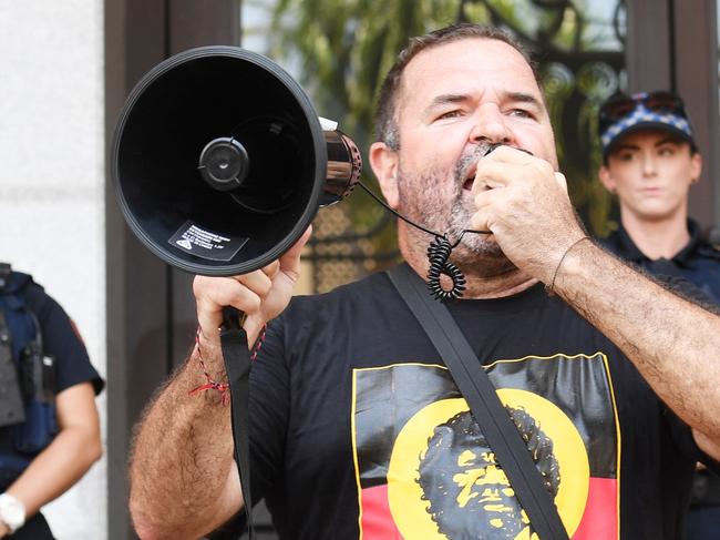 David Cole leads the protestors chants against Police and the Government over the shooting death of 19 yr old Kumanjayi Walker in Yuendumu.  Picture KATRINA BRIDGEFORD.