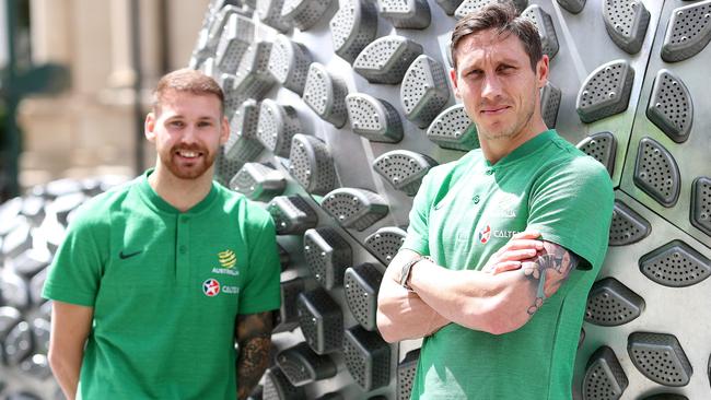 New Socceroo Martin Boyle with Socceroos and Hibs teammate Mark Milligan.