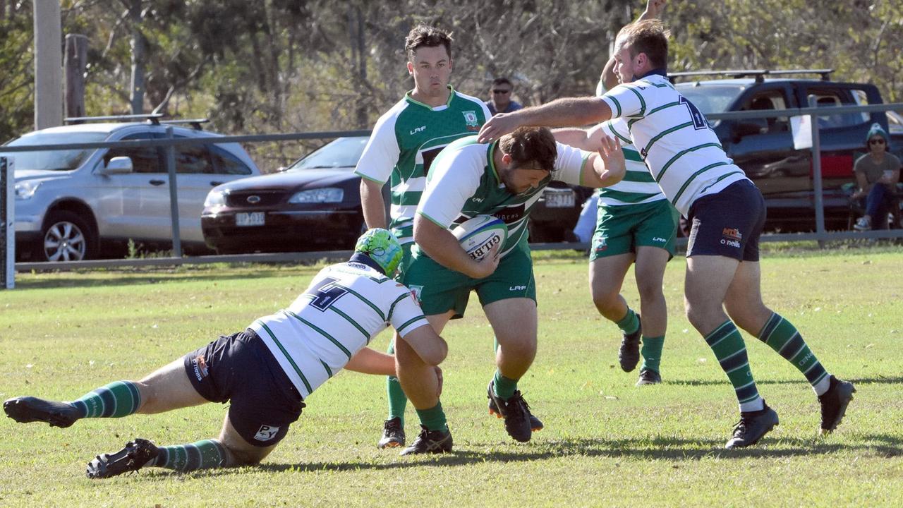 An Ipswich Rangers player tries to set up an attacking burst during the latest Barber Cup rugby match against Brisbane Irish at Woodend Park. Picture: Gary Reid