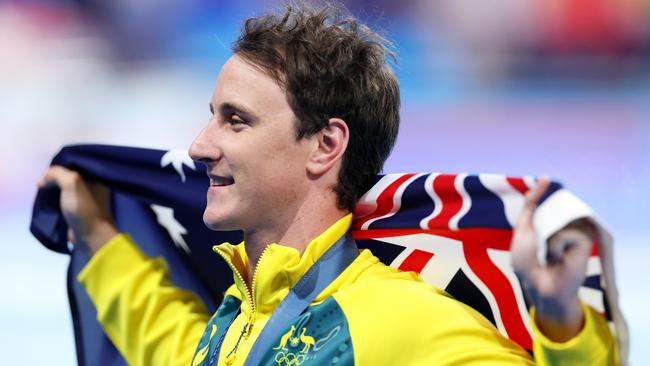 NANTERRE, FRANCE - AUGUST 02: Gold Medalist Cameron McEvoy of Team Australia poses following the Swimming medal ceremony after the Men's 50m Freestyle Final on day seven of the Olympic Games Paris 2024 at Paris La Defense Arena on August 02, 2024 in Nanterre, France. (Photo by Quinn Rooney/Getty Images)