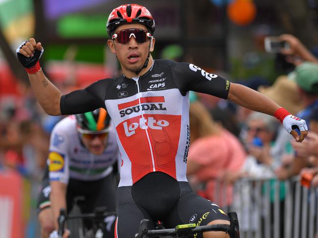 MURRAY BRIDGE, AUSTRALIA - JANUARY 24: Arrival / Caleb Ewan of Australia and Team Lotto-Soudal / Celebration / Sam Bennett of Ireland and Team Deceuninck - Quick-Step / during the 22nd Santos Tour Down Under 2020, Stage 4 a 152,8km stage from Norwood to Murray Bridge / TDU / @tourdownunder / #UCIWT / on January 24, 2020 in Murray Bridge, Australia. (Photo by Tim de Waele/Getty Images)