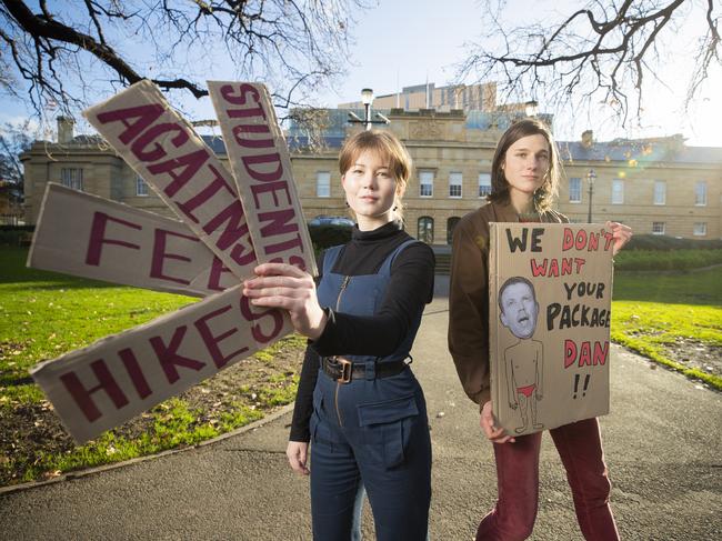 Tas Student Action representatives Miranda Bennett and Vita Rinaldi are ready to protest against the Federal Government’s proposed university fee overhaul. Picture: RICHARD JUPE