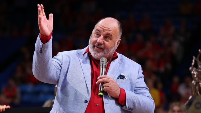 PERTH, AUSTRALIA - JANUARY 20: Craig Hutchison talks during a ceremony to retire the playing number of Shawn Redhage following the round 16 NBL match between Perth Wildcats and Sydney Kings at RAC Arena, on January 20, 2023, in Perth, Australia. (Photo by Paul Kane/Getty Images)