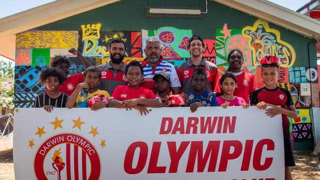 Back left: Rosston Joaz Cooper, John Lolias, Steven Lolias, Kobi Jennings, Karlisha Walker, from left: Joe Taiti, Raith Wright, Nivek Parriman, Bosston Joaz Cooper, Lakaea Heart and Bradley Richardson at the Darwin Olympic Sporting Club, Malak Football oval, Darwin. Picture: Pema Tamang Pakhrin