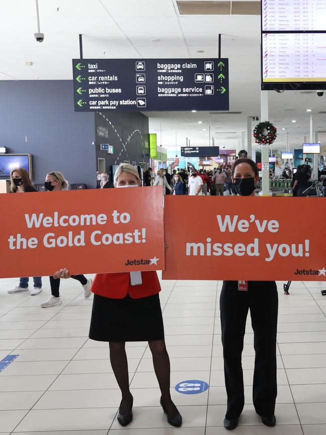 Gold Coast Airport welcoming the first passengers from Sydney into Queensland after the state border reopened on Monday.Picture Glenn Hampson