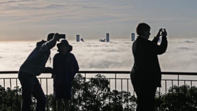 Brisbane City covered in fog, seen from the Mt Coot-Tha Summit Lookout. Picture: Zak Simmonds