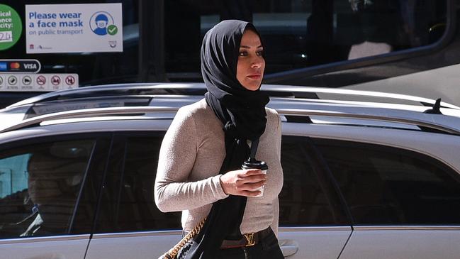 Carolina Gonzales, Mick Hawi’s widow, arrives at the Downing Centre on Monday morning. Picture: NCA NewsWire