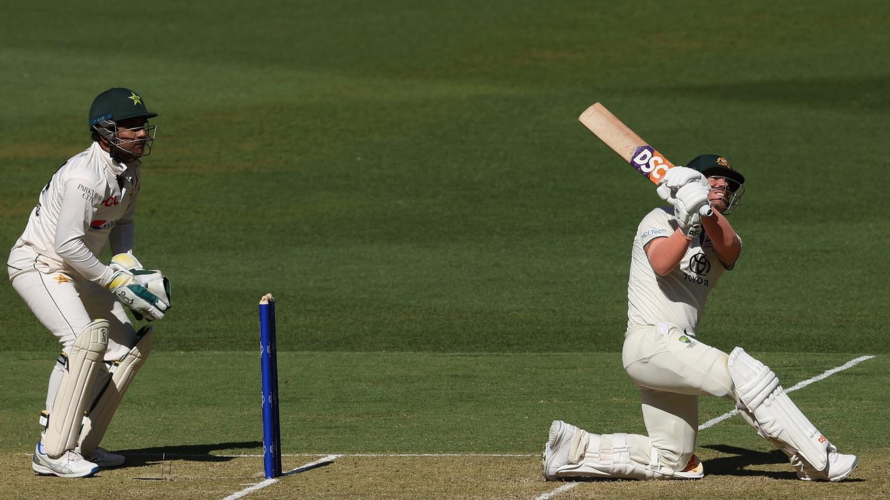 Warner on his way to 164 on the opening day of the first Test. Picture: Paul Kane/Getty Images