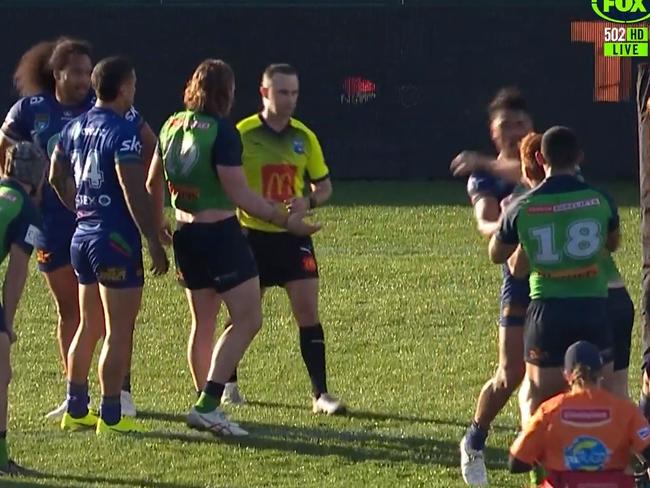 Canberra's Corey Horsburgh (R) loses the plot in NSW Cup match against Warriors.